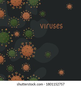 Black vertical seamless border with orange and green viruses or coronavirus with text