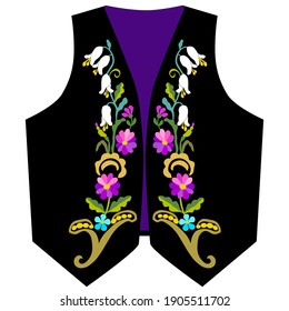Black vest with colored wildflowers,purple and pink geranium,lilies of the valley,green pea,stylized,hand-drawn,art object,design solution,pattern for printing on fabric,for embroidery