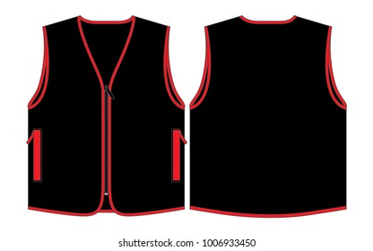 Black Vest Design With Red Edge and Pocket Vector.Front and Back Views.