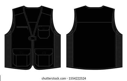 Black Vest With Multi Pocket and Mesh at Side on White Background.Front and Back View, Vector File