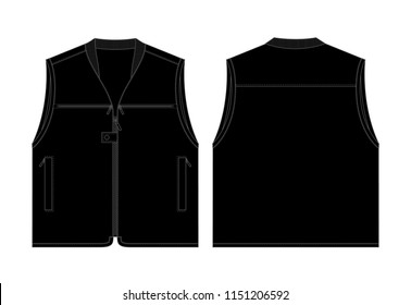 Black Vest With Multiple Pockets Template on White Background. Front and Back Views, Vector File.