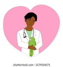 Black Veterinarian Man Holding A Green Parrot