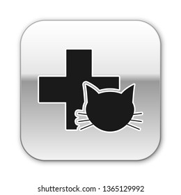 Black Veterinary clinic symbol icon isolated on white background. Cross with cat veterinary care. Pet First Aid sign. Silver square button. Vector Illustration