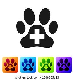 Black Veterinary clinic symbol icon isolated on white background. Cross hospital sign. A stylized paw print dog or cat. Pet First Aid sign. Set icon in color square buttons. Vector Illustration
