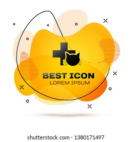 Black Veterinary clinic symbol icon isolated on white background. Cross with cat veterinary care. Pet First Aid sign. Fluid color banner. Vector Illustration
