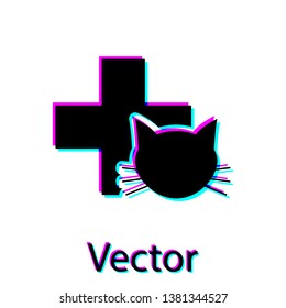 Black Veterinary clinic symbol icon isolated on white background. Cross with cat veterinary care. Pet First Aid sign. Vector Illustration