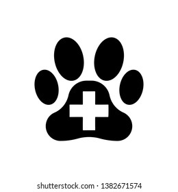 Black Veterinary clinic symbol icon isolated. Cross hospital sign. A stylized paw print dog or cat. Pet First Aid sign. Vector Illustration