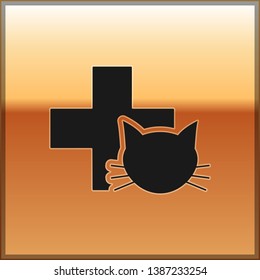 Black Veterinary clinic symbol icon isolated on gold background. Cross with cat veterinary care. Pet First Aid sign. Vector Illustration