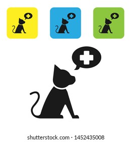 Black Veterinary clinic symbol icon isolated on white background. Cross with cat veterinary care. Pet First Aid sign. Set icons colorful square buttons. Vector Illustration