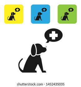 Black Veterinary clinic symbol icon isolated on white background. Cross with dog veterinary care. Pet First Aid sign. Set icons colorful square buttons. Vector Illustration