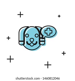 Black Veterinary clinic symbol icon isolated on white background. Cross with dog veterinary care. Pet First Aid sign.  Vector Illustration