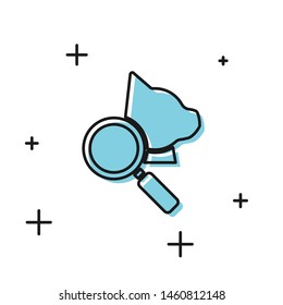 Black Veterinary clinic symbol icon isolated on white background. Magnifying glass with cat veterinary care. Pet First Aid sign.  Vector Illustration