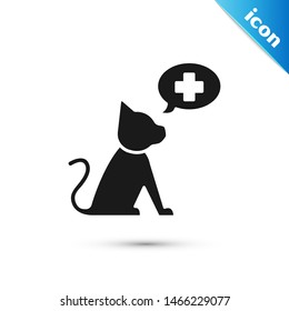 Black Veterinary clinic symbol icon isolated on white background. Cross with cat veterinary care. Pet First Aid sign.  Vector Illustration