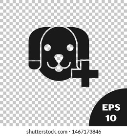 Black Veterinary clinic symbol icon isolated on transparent background. Cross with dog veterinary care. Pet First Aid sign.  Vector Illustration