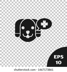 Black Veterinary clinic symbol icon isolated on transparent background. Cross with dog veterinary care. Pet First Aid sign.  Vector Illustration