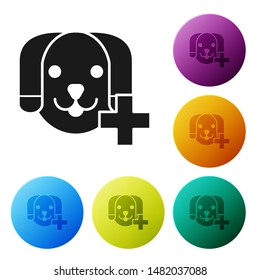 Black Veterinary clinic symbol icon isolated on white background. Cross with dog veterinary care. Pet First Aid sign. Set icons colorful circle buttons. Vector Illustration