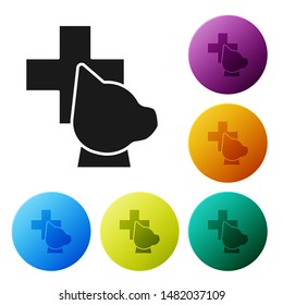 Black Veterinary clinic symbol icon isolated on white background. Cross with dog veterinary care. Pet First Aid sign. Set icons colorful circle buttons. Vector Illustration