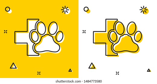 Black Veterinary clinic symbol icon isolated on yellow and white background. Cross hospital sign. A stylized paw print dog or cat. Pet First Aid sign. Random dynamic shapes. Vector Illustration