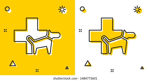 Black Veterinary clinic symbol icon isolated on yellow and white background. Cross with dog veterinary care. Pet First Aid sign. Random dynamic shapes. Vector Illustration