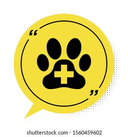 Black Veterinary clinic symbol icon isolated on white background. Cross hospital sign. A stylized paw print dog or cat. Pet First Aid sign. Yellow speech bubble symbol. Vector Illustration