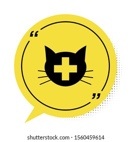 Black Veterinary clinic symbol icon isolated on white background. Cross with cat veterinary care. Pet First Aid sign. Yellow speech bubble symbol. Vector Illustration
