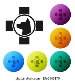 Black Veterinary clinic symbol icon isolated on white background. Cross with dog veterinary care. Pet First Aid sign. Set icons colorful circle buttons. Vector Illustration