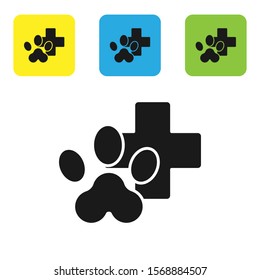 Black Veterinary clinic symbol icon isolated on white background. Cross hospital sign. Stylized paw print dog or cat. Pet First Aid sign. Set icons colorful square buttons. Vector Illustration