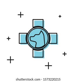 Black Veterinary clinic symbol icon isolated on white background. Cross with dog veterinary care. Pet First Aid sign.  Vector Illustration