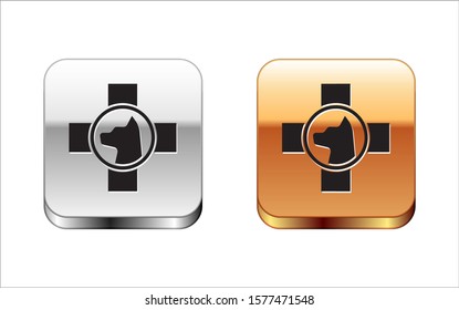 Black Veterinary clinic symbol icon isolated on white background. Cross with dog veterinary care. Pet First Aid sign. Silver-gold square button. Vector Illustration