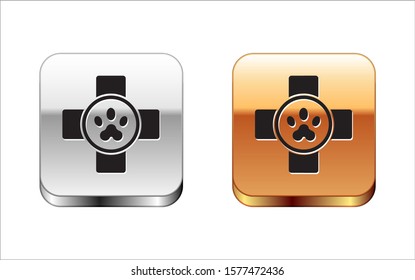 Black Veterinary clinic symbol icon isolated on white background. Cross hospital sign. Stylized paw print dog or cat. Pet First Aid sign. Silver-gold square button. Vector Illustration