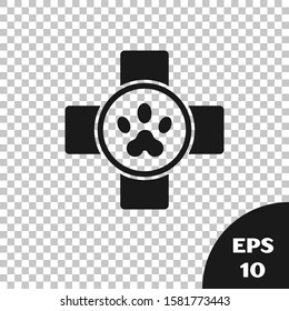 Black Veterinary clinic symbol icon isolated on transparent background. Cross hospital sign. Stylized paw print dog or cat. Pet First Aid sign.  Vector Illustration