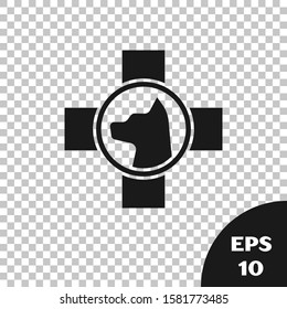 Black Veterinary clinic symbol icon isolated on transparent background. Cross with dog veterinary care. Pet First Aid sign.  Vector Illustration