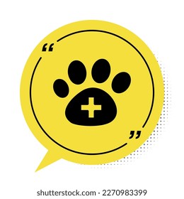 Black Veterinary clinic symbol icon isolated on white background. Cross hospital sign. A stylized paw print dog or cat. Pet First Aid sign. Yellow speech bubble symbol. Vector