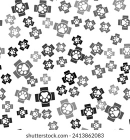 Black Veterinary clinic symbol icon isolated seamless pattern on white background. Cross hospital sign. A stylized paw print dog or cat. Pet First Aid sign.  Vector