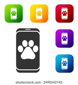 Black Veterinary clinic symbol icon isolated on white background. Cross hospital sign. A stylized paw print dog or cat. Pet First Aid sign. Set icons in color square buttons. Vector