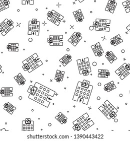 Black Veterinary medicine hospital, clinic or pet shop for animals icon isolated seamless pattern on white background. Vet or veterinarian clinic. Vector Illustration