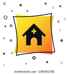 Black Veterinary medicine hospital, clinic or pet shop for animals icon isolated on white background. Vet or veterinarian clinic. Yellow square button. Vector Illustration