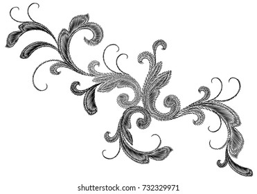 Black Victorian Embroidery Floral Ornament. Stitch texture fashion print patch flower Baroque design element vector illustration