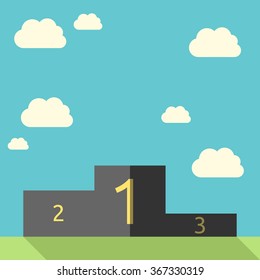 Black victory pedestal with digits on green ground on sky background. Sports podium. Triumph, goal, success concept. EPS 8 vector illustration, no transparency