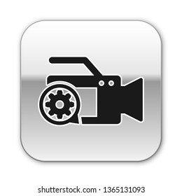 Black Video camera and gear icon isolated on white background. Adjusting app, service concept, setting options, maintenance, repair, fixing. Silver square button. Vector Illustration