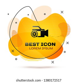 Black Video camera and gear icon isolated on white background. Adjusting app, service concept, setting options, maintenance, repair, fixing. Fluid color banner. Vector Illustration