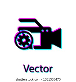 Black Video camera and gear icon isolated on white background. Adjusting app, service concept, setting options, maintenance, repair, fixing. Vector Illustration