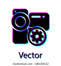 Black Video camera and gear icon isolated on white background. Adjusting app, service concept, setting options, maintenance, repair, fixing. Vector Illustration