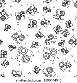 Black Video camera and gear icon isolated seamless pattern on white background. Adjusting app, service concept, setting options, maintenance, repair, fixing. Vector Illustration