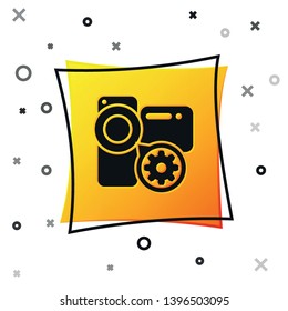 Black Video camera and gear icon isolated on white background. Adjusting app, service concept, setting options, maintenance, repair, fixing. Yellow square button. Vector Illustration