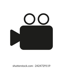 A black video camera icon on a white background