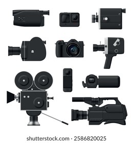 Black video camera modern and retro device for multimedia film production set realistic vector illustration. Camcorder media content shooting movie recording television industry technology equipment