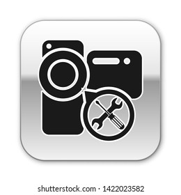 Black Video camera with screwdriver and wrench icon isolated on white background. Adjusting, service, setting, maintenance, repair, fixing. Silver square button. Vector Illustration