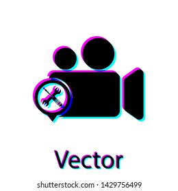 Black Video camera with screwdriver and wrench icon isolated on white background.  