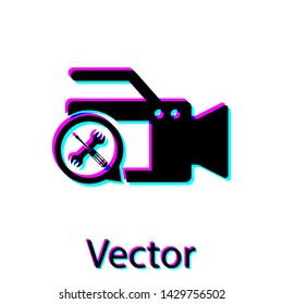 Black Video camera with screwdriver and wrench icon isolated on white background.  